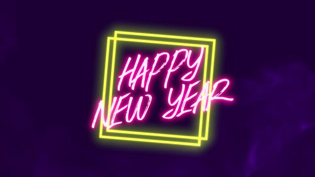 Happy New Year with neon squares pattern on purple gradient, motion abstract disco, club and winter holidays style background