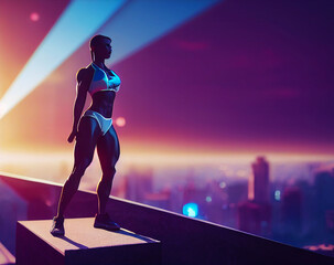 Cyber fitness woman looking at the future city