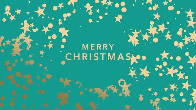 Merry Christmas with fly gold stars and confetti in blue sky, motion holidays and winter style background for New Year and Merry Christmas