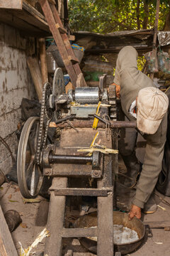 hombre viejo sosteniendo un tazon para recolectar el jugo de ca&ntilde;a del trapiche artesanal