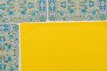 paper background featuring fancy envelope liners and yellow paper box