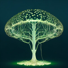 Digital tree with sprouts and binary code in glowing futuristic polygonal style