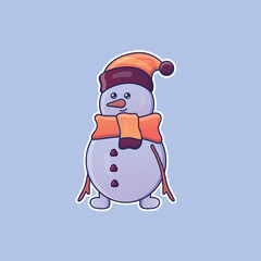 Cute cartoon snowman with hat and scarf in vector. Isolated character vector. Flat cartoon style
