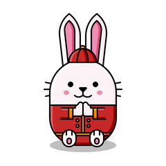 Happy chinese new year 2023. Cute rabbit cartoon character design. Year of rabbit zodiac. Rabbit making greeting gestures with chinese costume.
