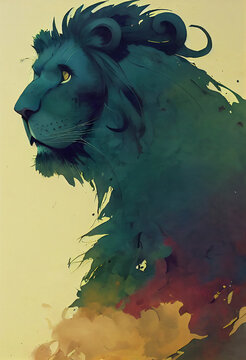 Colorful Lion Abstract Watercolor Background. Poster, Killer, Leo, Cat, Design, Print, Sticker, Background, Postcard. Muted Colors, Africa
