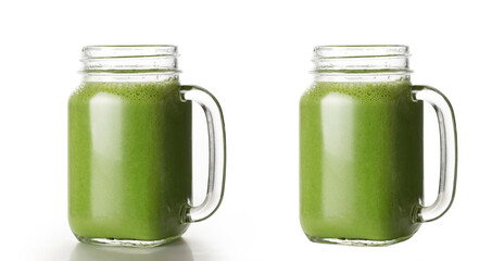 Green juice in mason jar on white background. Detox diet