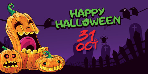 banner illustration with giant pumpkin, ravens, graves and two more pumpkins with a purple background for celebration night.