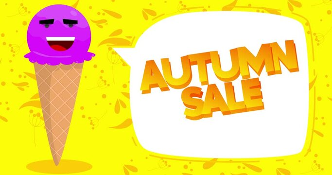 Ice Cream saying Autumn Sale. Colorful animated summer sweet food cartoon character. 4k resolution animation, moving image.