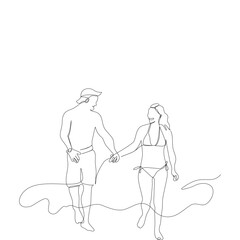 Front view of couple wearing swimming costumes are walking together in single line drawing style.Vector illustration flat continue line of young beautiful girl wearing bikini holding hands boyfriend.