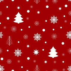 Fototapeta na wymiar Christmas seamless pattern. White snowflakes, dots and fir- tree on red background. Simple holiday print.