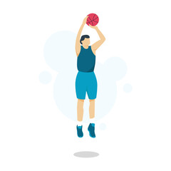 Professional basketball player shooting ball with jumping, vector illustration. Basketball skill and shooting technique. Sport and healthy lifestyle.