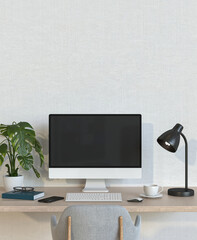 3D render of interior living room workspace with desk and desktop computer