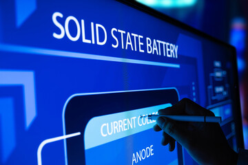 Engineer show solid state battery pack for electric vehicle (EV) on electronic screen, Battery...