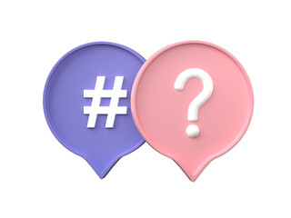 Obraz premium Question mark and Hashtag in speech bubbles 3D render.