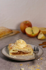 piece of an apple strudel roll with cinnamon and ice cream on top