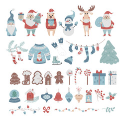 Fototapeta premium Christmas set. Collection New Year decor, cute cartoon Santa Claus, gnome, snowman, elk, Christmas tree and gingerbread, sweater and toys, gifts and sweets. Vector. Isolated elements in flat style.