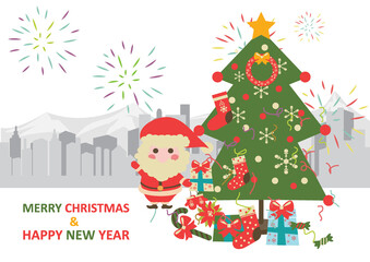 Obraz na płótnie Canvas cartoon cute Santa Claus with Christmas fir tree and gifts 