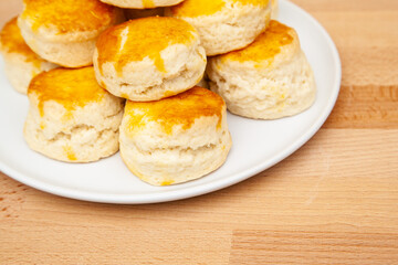 Homemade British Scones with clotted cream and raspberry jam 