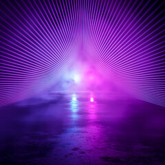 3D Futuristic Concept World, Scene With Blue and Purple Lights In The Smoke In The Tunnel, No People. 3D Abstract Background With Elements For Banners, Posters, Templates. Fashion Render Design - 540373195