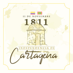 post para redes sobre la independencia de Cartagena de indias,  Baluarte San Ignacio de Loyola, ilustración vintage en acuarela tipo boceto - obrazy, fototapety, plakaty
