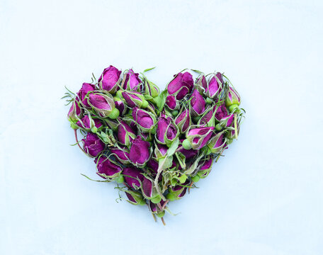 Heart of red roses little buds on a white background. Flower Valentine, love. Floral heart shape. Dried Rosehip flowers and buds