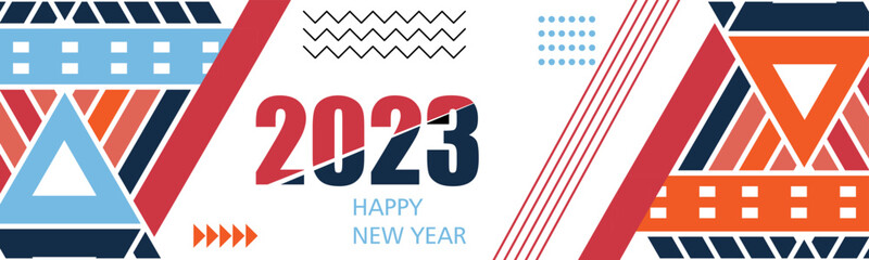 Vintage 2023 new year text design with modern geometric typography and abstract retro background. Greeting banner for 2023 events or resolution includes colorful red blue shapes. Vector illustration.e