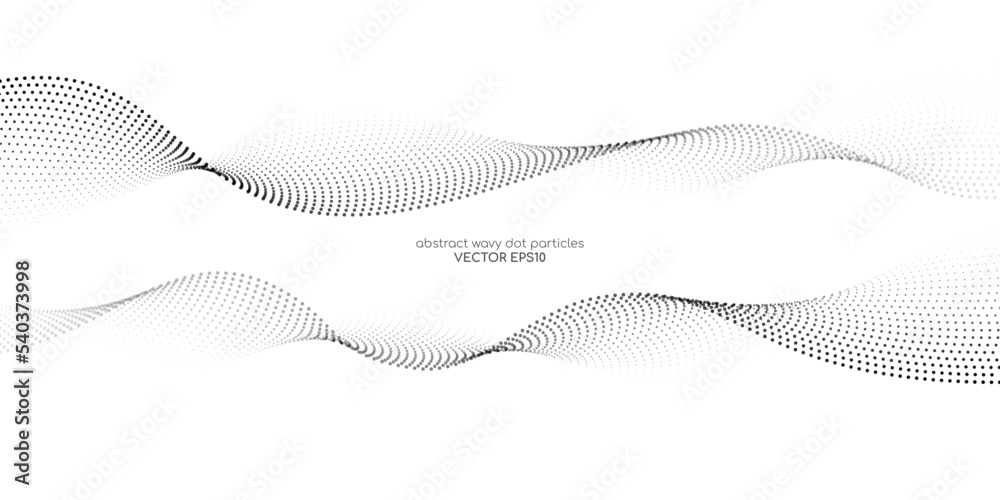 Poster Flowing dots particles wave pattern halftone black gradient curve shape isolated on white background. Vector in concept of technology, science, music, modern.