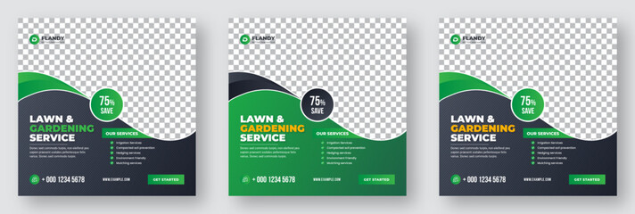 Lawn and Gardening service social media template. Gardening and Landscaping service social media post in green layouts. Agro farm services social media post or web banner template. Instagram Banner.
