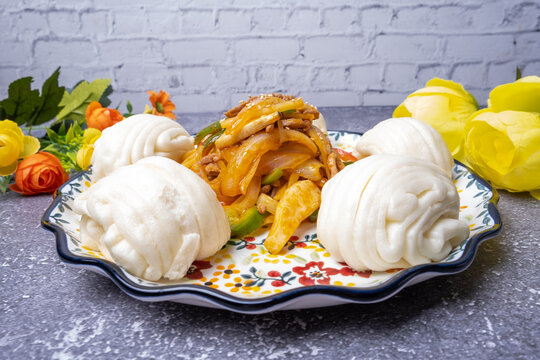 Korean style food Gochu japchae and steamed buns