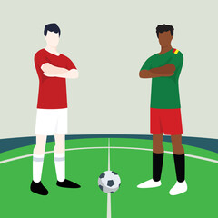 Match preview displaying two male footballers within a football field vector illustration. Poland vs Cameroon.