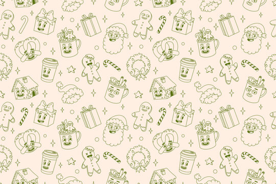 Merry Christmas And Happy New Year Seamless Pattern. Santa Claus, Gifts, Cocoa, Coffee, Gingerbread In Trendy Retro Cartoon Style. Textile, Wrapping Paper, Wallpaper With Funny Comic Characters.