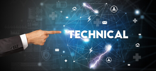 Hand pointing at inscription concept