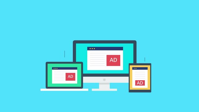 Responsive ads automatically adjust sizes on different digital devices, business technology concept.