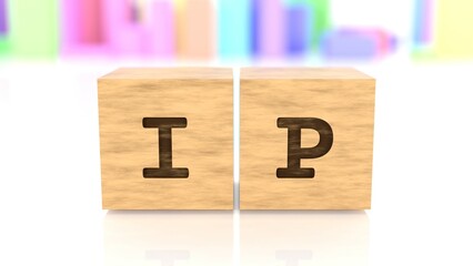 Word with the text IP engraved on cube wood reflected on the white surface. Business concept. In the back are colorful cuboids in different shapes. (3D rendering)