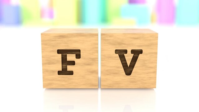 Word FV engraved on cube wood reflected on the white table. Business concept. In the back are colorful cuboids in different shapes. (3D rendering)