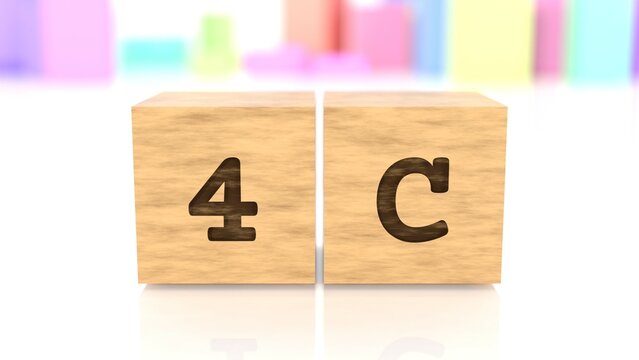 Word with the text 4C branded on cube wood reflected on the white surface. Business concept. In the back are colorful cuboids in many different shapes. (3D rendering)