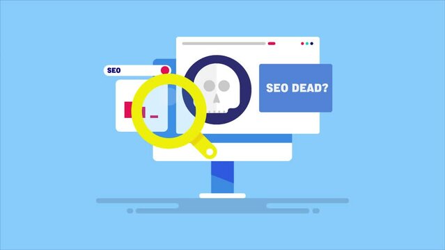 SEO dead or not concept. Skull face appearing on web page with data and magnifying glass.