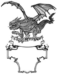 Medieval European dragon. Classic mythological creature with open bat-type wings. Back and white design template. Graphic style isolated vector illustration
