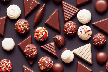 Various chocolates laid out in a seamless pattern formed from 