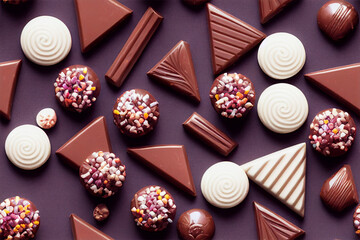 Various chocolates laid out in a seamless pattern formed from 