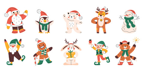 Obraz na płótnie Canvas Set of cute funny Christmas characters. Santa Claus, snowman, bear, reindeer, gnome, elf. Colorful New year symbols. Xmas holiday toys and decor. Minimalistic flat hand-drawn isolated illustration