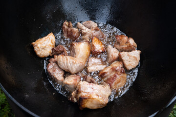 Pilaf. Cooking step by step. Step 1. Cooking meat in a cauldron. Pork is fried in oil over a fire.