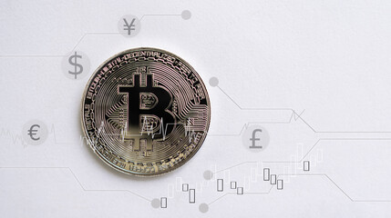 Naklejka premium Bitcoin Cryptocurrency with Candlestick and Symbol Cash Noney on white Background,Graph Data Stock Market Trade Forex ,Plan Investment Income Cash,Technology for Business or Finance concept.