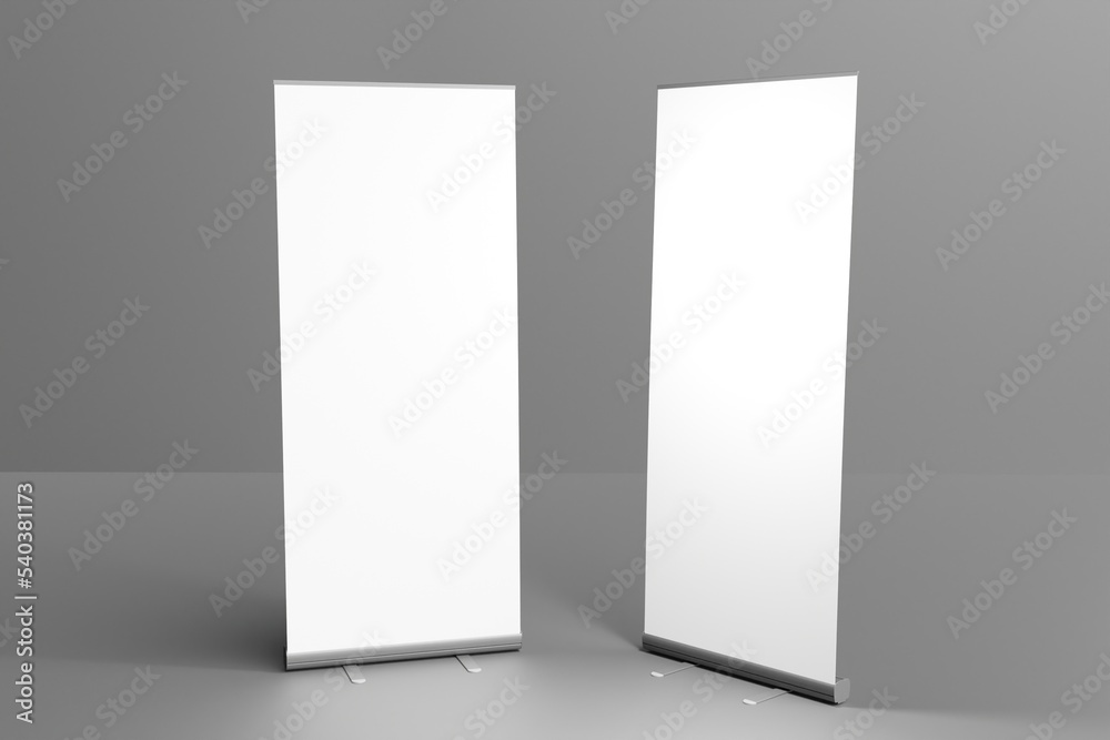 Canvas Prints blank white roll-up banner display mockup design, isolated, 3d rendering