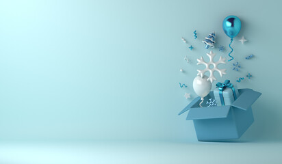 Winter decoration background with balloon, snowflakes, gift box, copy space text, 3D rendering illustration