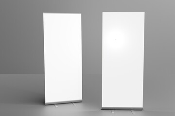 Blank white roll up banner display mockup on dark background, isolated, 3d rendering