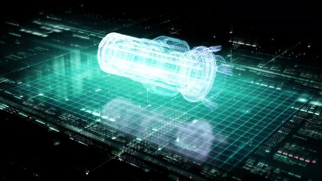 Futuristic motion graphic user interface head up display screen with digital hologram Nuclear Fusion energy simulator and data telemetry information display for digital background