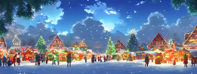 Panorama of a Christmas village. Outdoor winter scene in banner format. Generative AI creation.