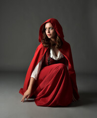 Full length portrait of beautiful brunette woman wearing red medieval fantasy costume with long...