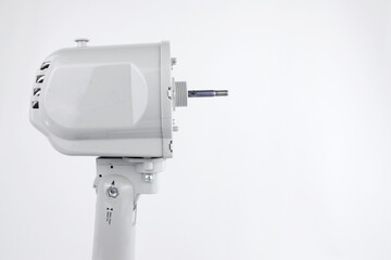 Close up of side view table fan motor housing, isolated on white background